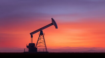 Silhouette of an Oil Pumpjack Against a Colorful Sunset Sky with Dramatic Clouds and Rolling Hills in the Background at Twilight