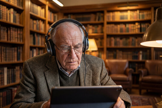 Senior man with headphones using tablet for e-learning in library with blurred screen.