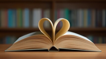 Fototapeta premium Open Book Forming Heart Shape on Wooden Table with Soft Background Bookshelves and Warm Lighting Ideal for Romantic Literature and Reading Themes