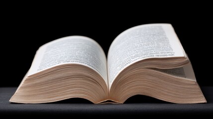 Open book with visible pages showcasing detailed text on a dark background, symbolizing knowledge, education, and reading concepts for stock photography