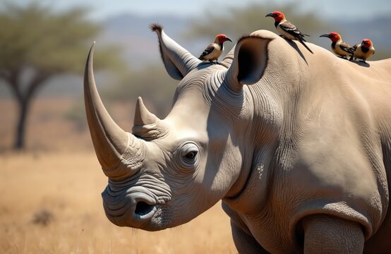 Rhino grazes in African savanna. Birds sit on rhinoceros. Wild animal eats grass. Wildlife shows symbiotic relationship. Oxpeckers live on rhino back. Rare herbivore walks in natural habitat. Nature