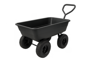 Black plastic garden cart for yard work and landscaping, transporting soil, tools, and materials, with transparent background