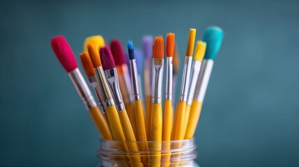 Fototapeta premium Vibrant and Colorful Paint Brushes in a Jar Against a Soft Textured Background for Arts and Crafts and Creative Projects