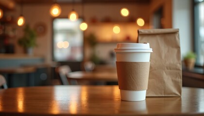White coffee cup with craft paper bag on wooden table. Cozy cafe interior with warm lighting and blurred background. Relaxing atmosphere for enjoying hot drinks and snacks.