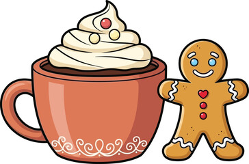 Hot chocolate gingerbread man christmas winter holiday drink cookie vector isolated on transparent background, Vector
