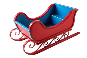 Red and blue metal christmas sleigh isolated on transparent background