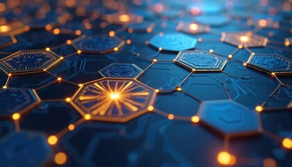Abstract digital tech background features blue, orange glowing hexagon shapes. Intricate circuit board patterns link as individual data points connect, forming futuristic global network structure.