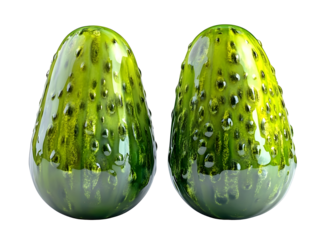 Two fresh pickled cucumbers with a glossy texture detailed bumps and vibrant green color isolated on white background