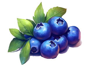 A realistic depiction of fresh raw blueberries with a rich blue hue detailed texture and green leaves isolated on white background
