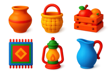 Artisan Market Icons. 3D icon set of artisan markets: clay pot, woven basket, fruit crate, handmade rug, lantern, pitcher. A set