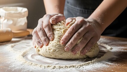Close-up of Human Hands Kneading and Shaping Fresh Bread Dough on a Wooden Surface Covered with Flour, Showing the Baking Process