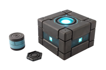 Futuristic sci fi cube and cylindrical device isolated on transparent background