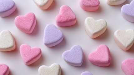 Obraz premium Colorful Heart-Shaped Marshmallows on White Background, Perfect for Sweet Treats, Celebrations, and Desserts for a Fun and Playful Atmosphere