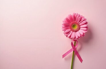 Pink gerbera flower with ribbon lies on pink. Photo shows breast cancer awareness symbol for women health. Ribbon attached to flower on light surface. Space for text available.