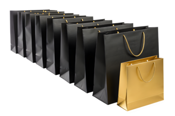 Row of black shopping bags with one gold bag isolated on transparent background