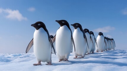 Fototapeta premium Adorable group of penguins walking in a line on a snowy landscape under a bright blue sky showcasing winter wildlife and nature's wonders