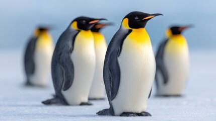 Fototapeta premium Group of Emperor Penguins Standing on Ice with Vibrant Yellow and Black Plumage in an Icy Landscape of Antarctica
