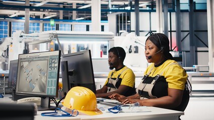 Helpline assistant troubleshoots errors in solar production systems, technician provides support for photovoltaic malfunctions or technical issues in renewable energy factory. Camera B.