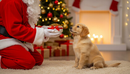 Santa Claus offering a dog food bowl to a Golden Retriever puppy in a festive Christmas home background