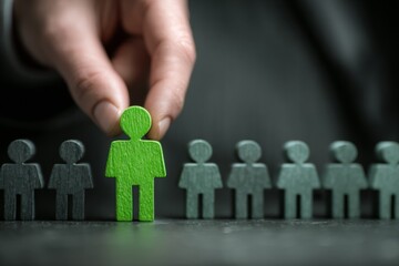 A Distinct Green Figure Raised Above Grey Counterparts Symbolizing Leadership and Individuality in a Collective Group Setting