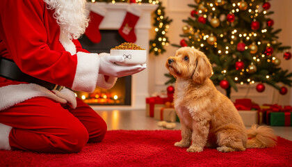 Plakat Santa Claus holding a bowl of kibble for a Maltipoo dog in a decorated Christmas home background, treats for pets
