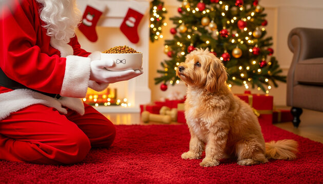 Santa Claus offering a dog bowl to a Maltipoo dog in festive Christmas home background, cozy dog holiday. present for pets - Powered by Adobe