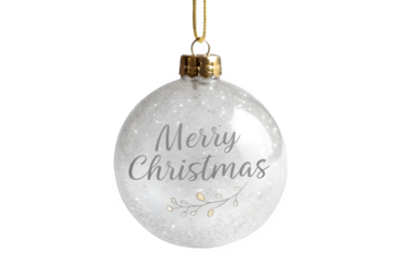 Clear christmas ornament with merry christmas text isolated on transparent background
