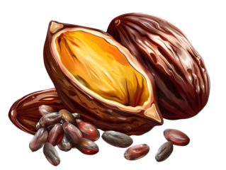 cacao pods and cacao beans isolated on transparent background