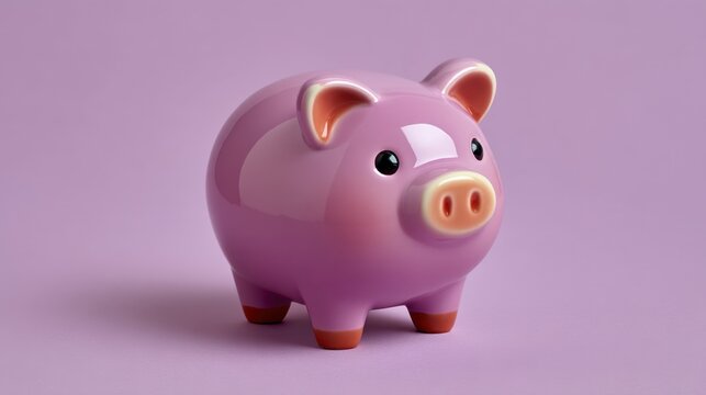 Cute cartoon piggy bank with shiny surface on soft purple background for financial savings and budgeting concepts, ideal for illustrations and marketing materials
