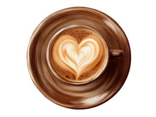 Top view latte art coffee with heart shape isolated on transparent background
