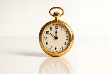 Classic golden pocket watch showing noon against bright white background, a symbol of timeless elegance and precise timekeeping for business deadline reminders