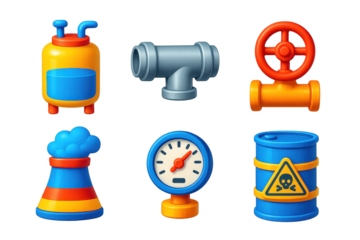 Industrial Chemistry Icons. 3D icon set of industrial chemistry: reactor tank, steel pipe, control valve, cooling tower, pressure