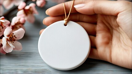 Close-up of a woman's hand holding a blank, round ornament with a golden string, decorated with cherry blossoms. The background is a gray wooden surface.