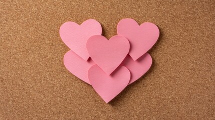 Pink Paper Hearts Arranged on Cork Background, Perfect for Valentine's Day, Love, Romance, and Creative Craft Projects