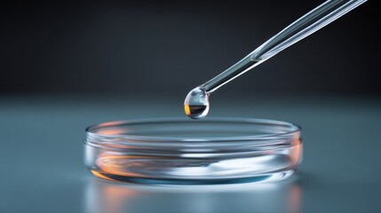 Close-Up of a Glass Petri Dish with a Pipette Dropping a Single Water Drop on a Soft Background for Laboratory Research and Scientific Experiments