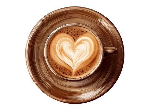 Top view latte art coffee with heart shape isolated on transparent background - Powered by Adobe