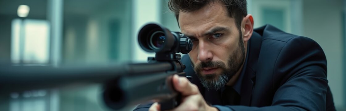 Man in dark suit aims sniper rifle. Focused shooter targets with weapon scope. Killer prepares for precision shot on secret mission in city building.