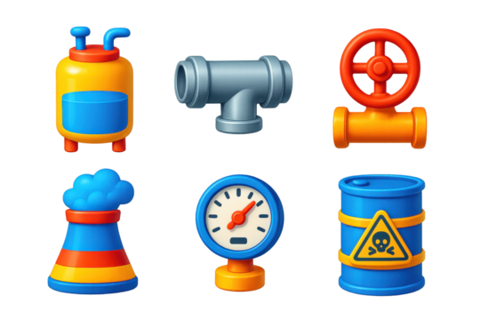 Industrial Chemistry Icons. 3D icon set of industrial chemistry: reactor tank, steel pipe, control valve, cooling tower, pressure