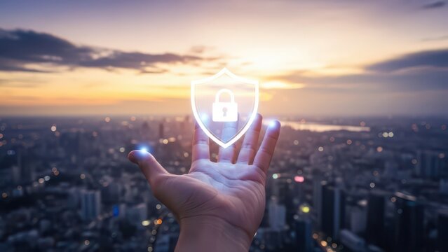 Cybersecurity Concept with Digital Shield over City at Sunset - Powered by Adobe