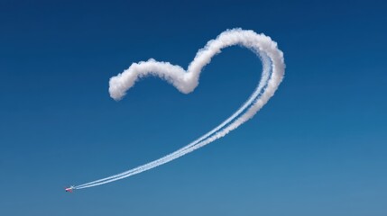 Airplane Airshow Performance with Heart-Shaped Smoke Trail Against Clear Blue Sky for Romantic and Celebratory Settings