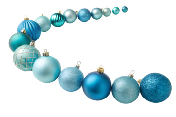 Curved line of blue and teal christmas ornaments isolated on transparent background