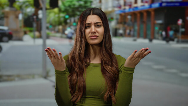 Woman outside looking perplexed on a bustling city street with busy traffic and blurred background, expressing confusion with raised hands and long wavy hair.