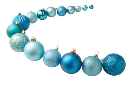 Curved line of blue and teal christmas ornaments isolated on transparent background