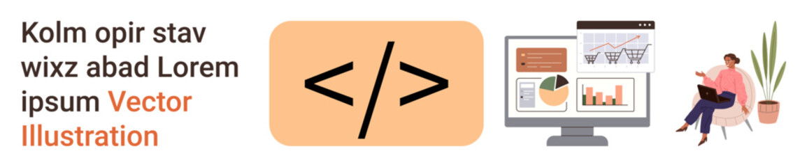 Software development, programming, data analysis, digital workspaces, workflow, coding. Code symbol, charts on screen woman with plant. Coding and programming concepts illustrated