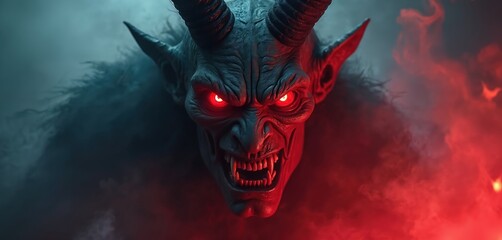 Menacing demon with horns, glowing red eyes stares intensely from swirling dark smoke, red light. Grotesque face with sharp teeth, snarling expression suggests evil power, hellish nightmare fuel.