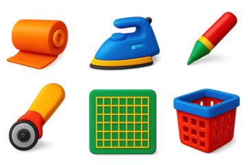 Craft Workshop Icons. 3D icon set of craft workshop: fabric roll, iron, chalk marker, rotary cutter, cutting mat, storage basket.