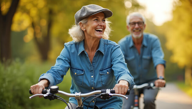Happy senior couple ride bikes on sunny park path. Elderly woman laughs, man smiles behind. Active pair cycles outdoors, enjoying healthy life, fun retirement. Embrace wellness activity in green - Powered by Adobe