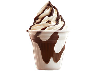 Vanilla soft serve ice cream with chocolate syrup in plastic cup isolated on transparent background