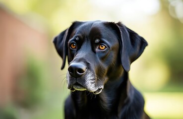 Close up portrait of senior black Labrador Retriever. Dog with grey muzzle looks ahead. Calm pet face against blurred green background outdoors. Loyal canine companion on sunny day.