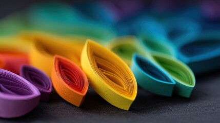 Colorful Paper Strips Arranged in Wave Shapes on Dark Background for Creative Arts, Crafts, and Design Projects